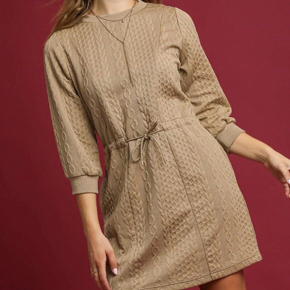 Umgee Drawstring Cable Knit Mini Dress with Pockets - Picture 1 of 5